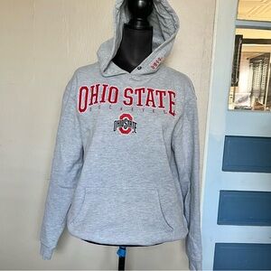 Light gray Ohio State Buckeyes hoodie with red embroidered letters on the hood